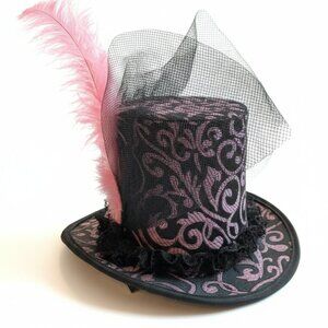 VINTAGE - Mini Top Hat feather & Tule - 5 inches - Hair Clip - Pink & black